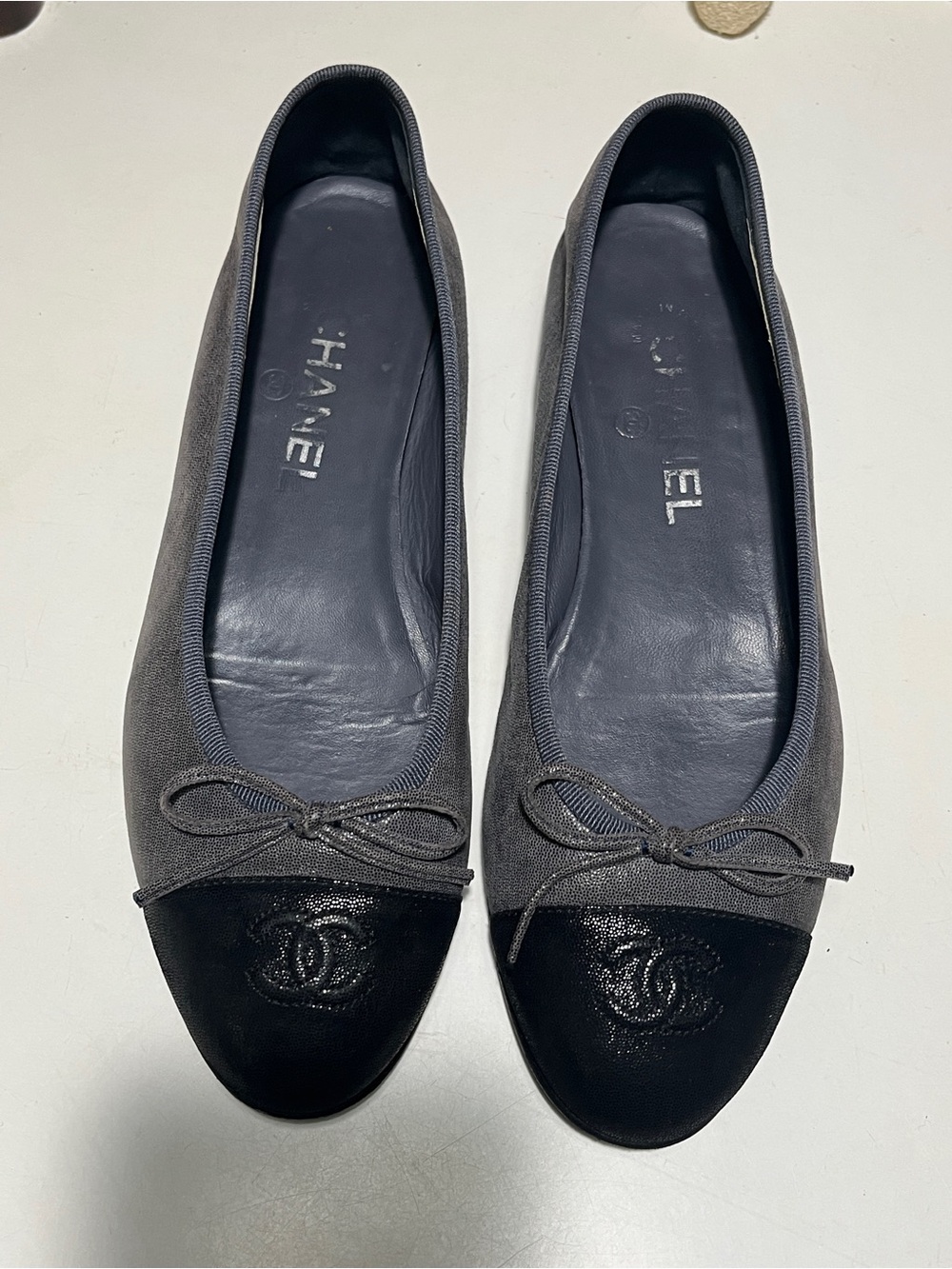 CHANEL Grey Suede Ballet Flats with Black Leather Cap-Toe